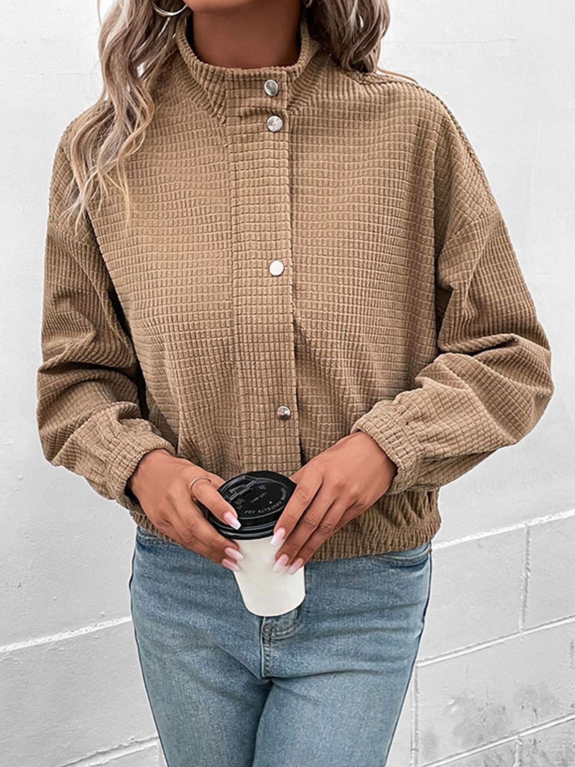 Brown Waffle Texture Zip Up Jacket