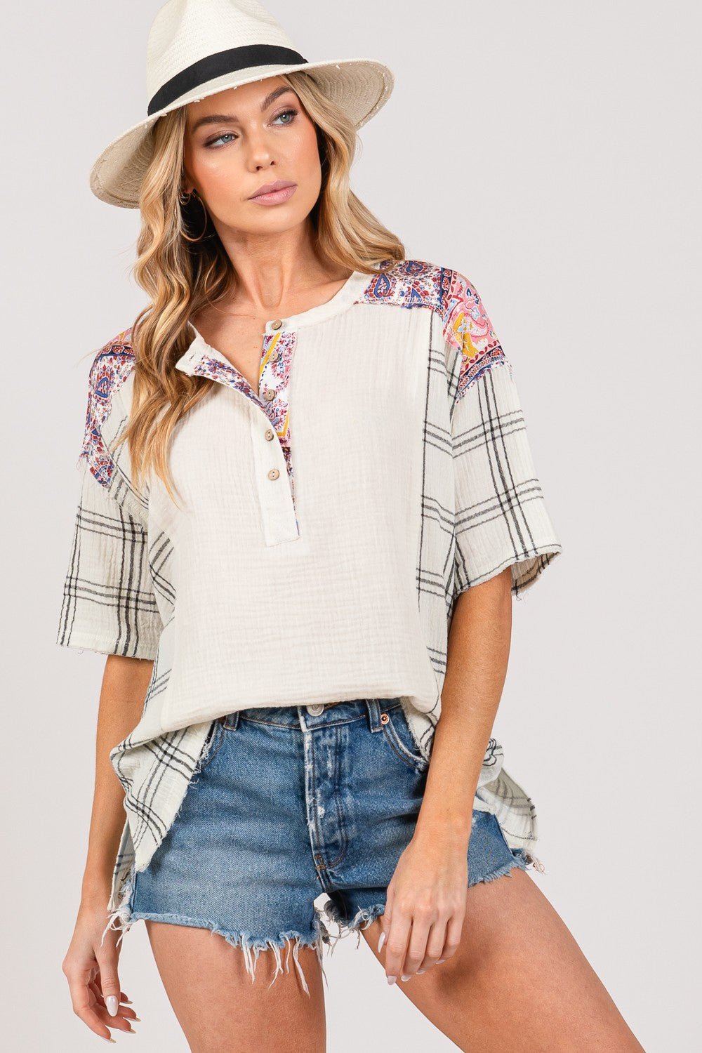 SAGE + FIG Plaid Half Button Patterned Blouse