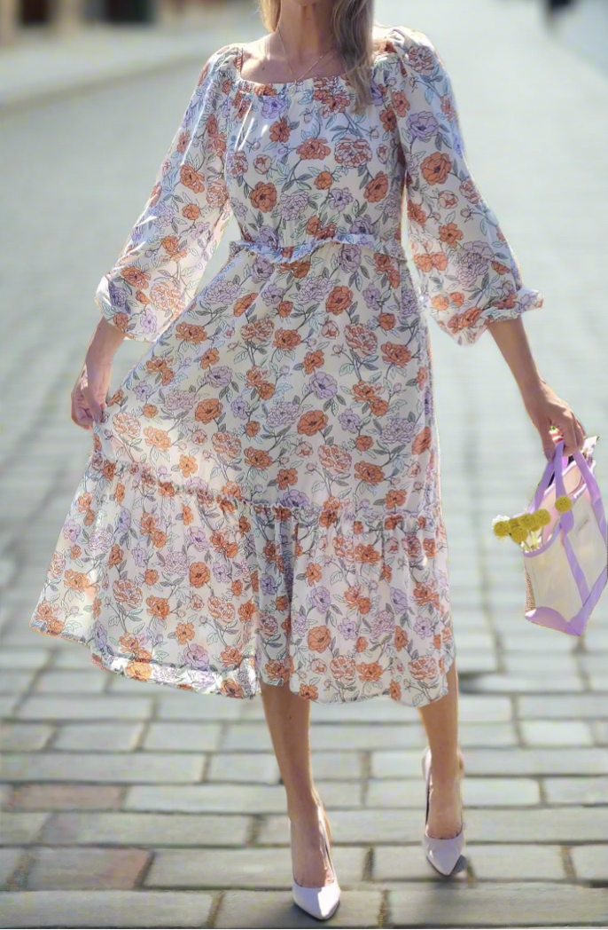 The Stella Floral Smocked Square Neck Midi Dress