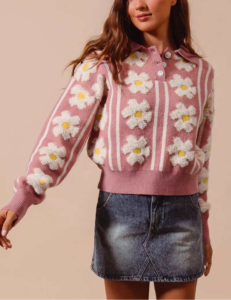 SO ME Floral Stripe Polo Collar Sweater