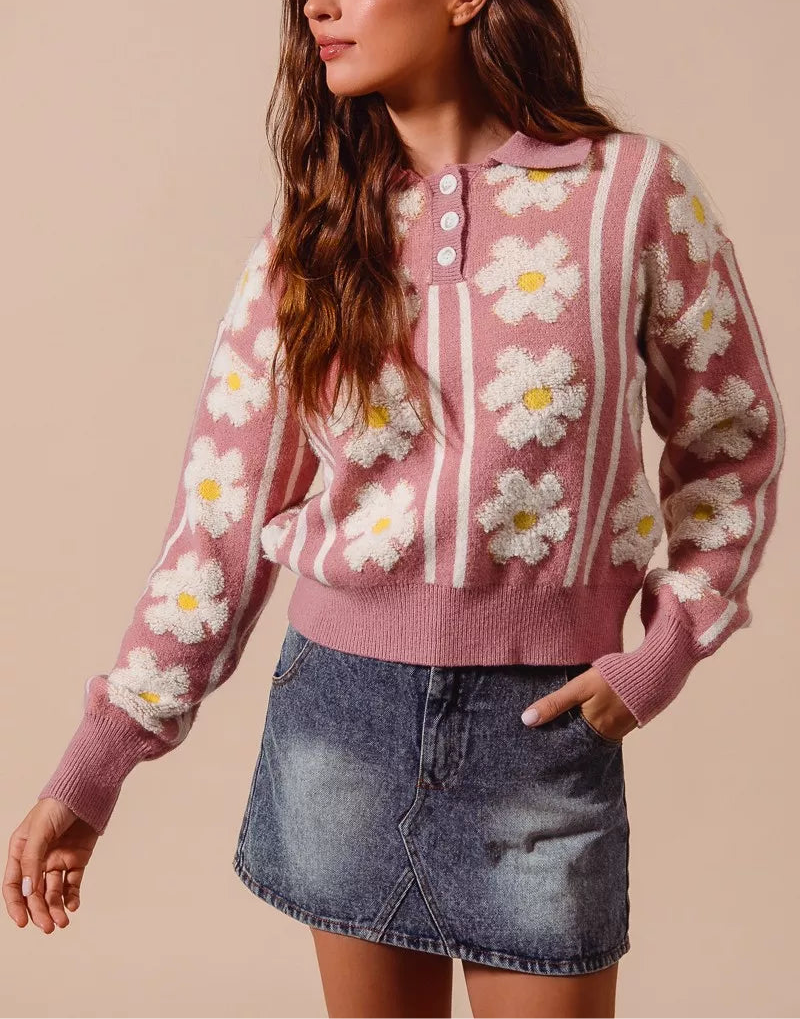 SO ME Floral Stripe Polo Collar Sweater