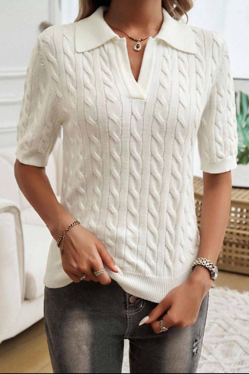 Devine Cable-Knit Short Sleeve Sweater