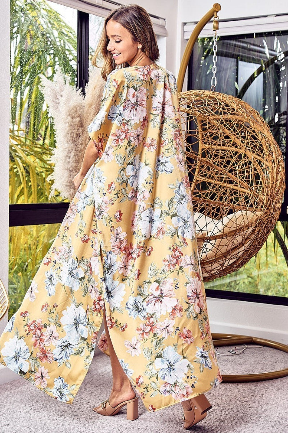 BiBi Floral Side Slit Sheer Cardigan