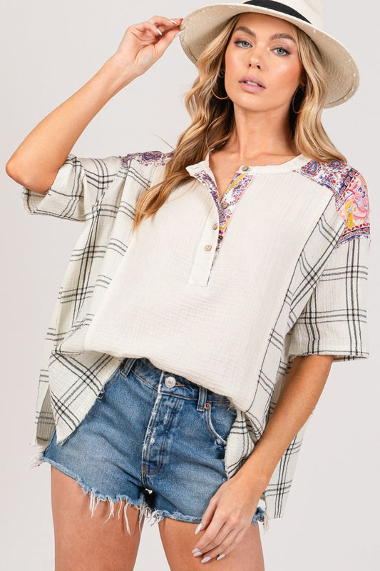 SAGE + FIG Plaid Half Button Patterned Blouse