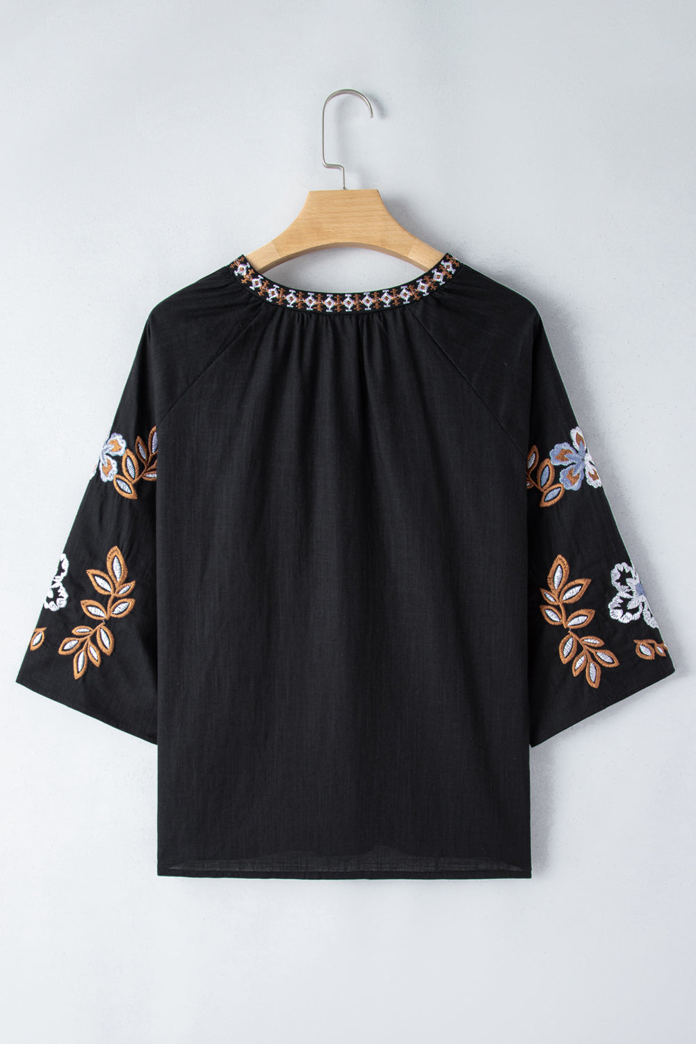 Embroidered Floral V-Neck Three-Quarter Sleeve Blouse