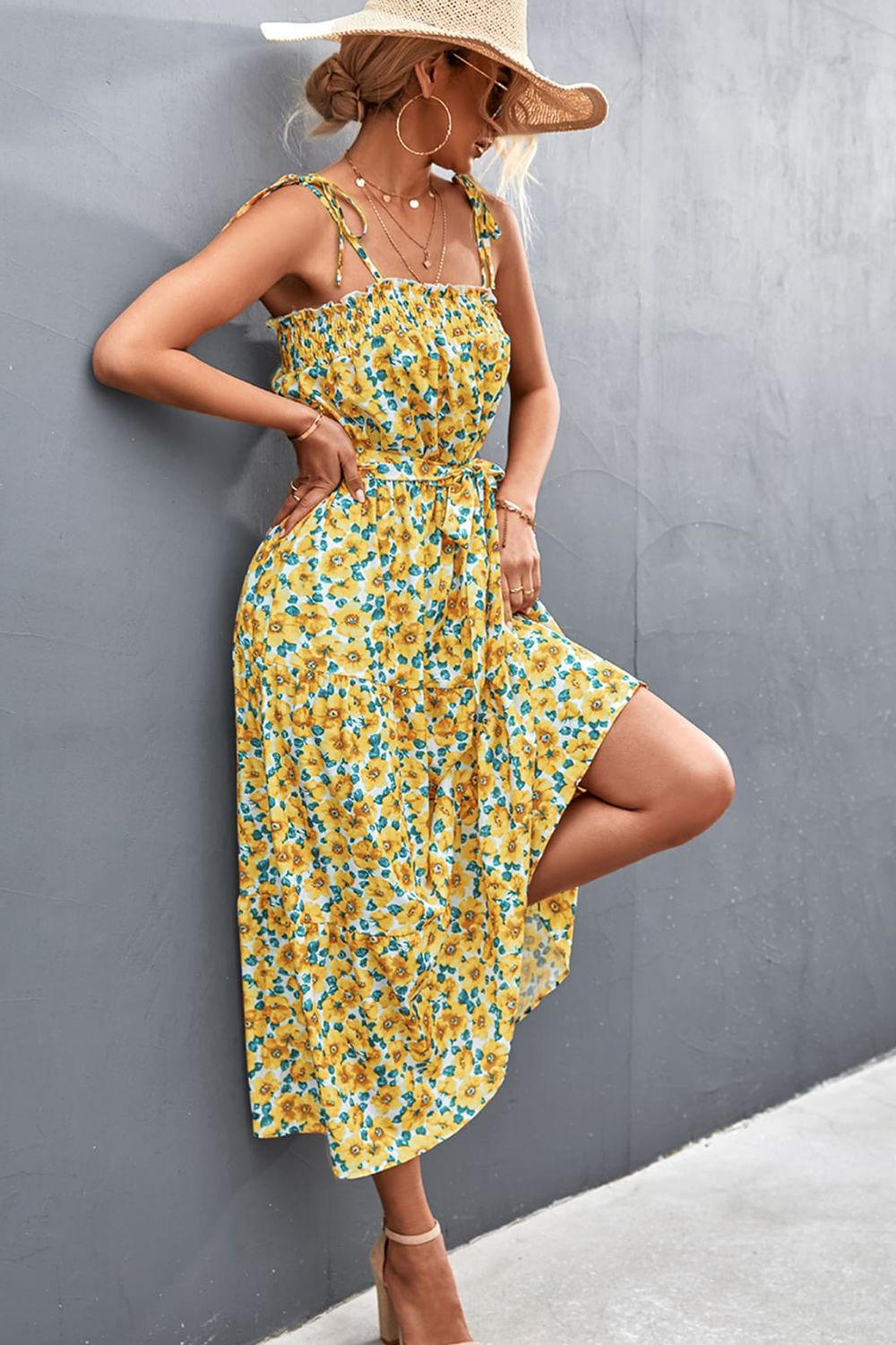 Yellow Floral Tie-Shoulder Dress