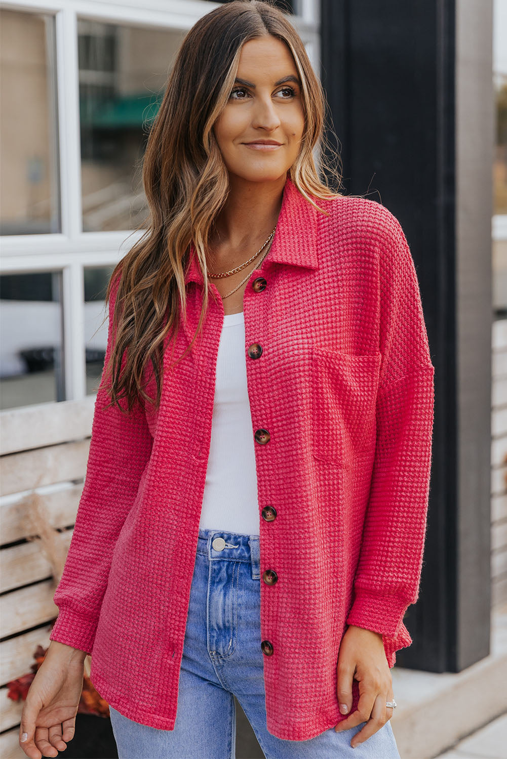 Waffle-Knit Button Down Top