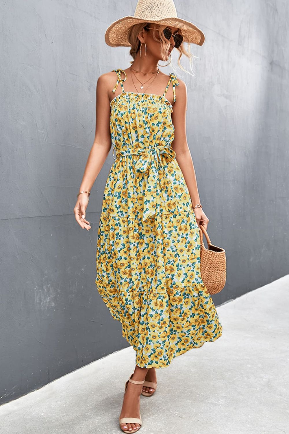 Yellow Floral Tie-Shoulder Dress