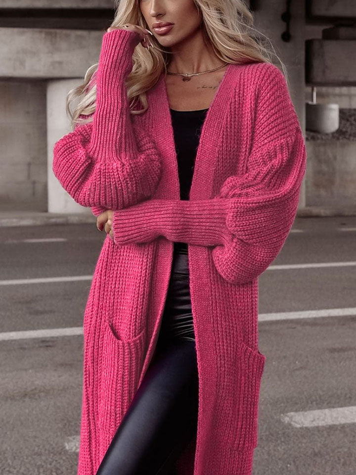 Deep Rose Lantern Sleeve Pocketed Cardigan