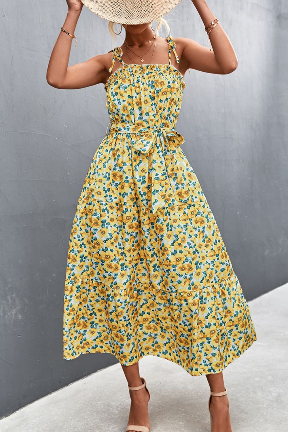 Yellow Floral Tie-Shoulder Dress