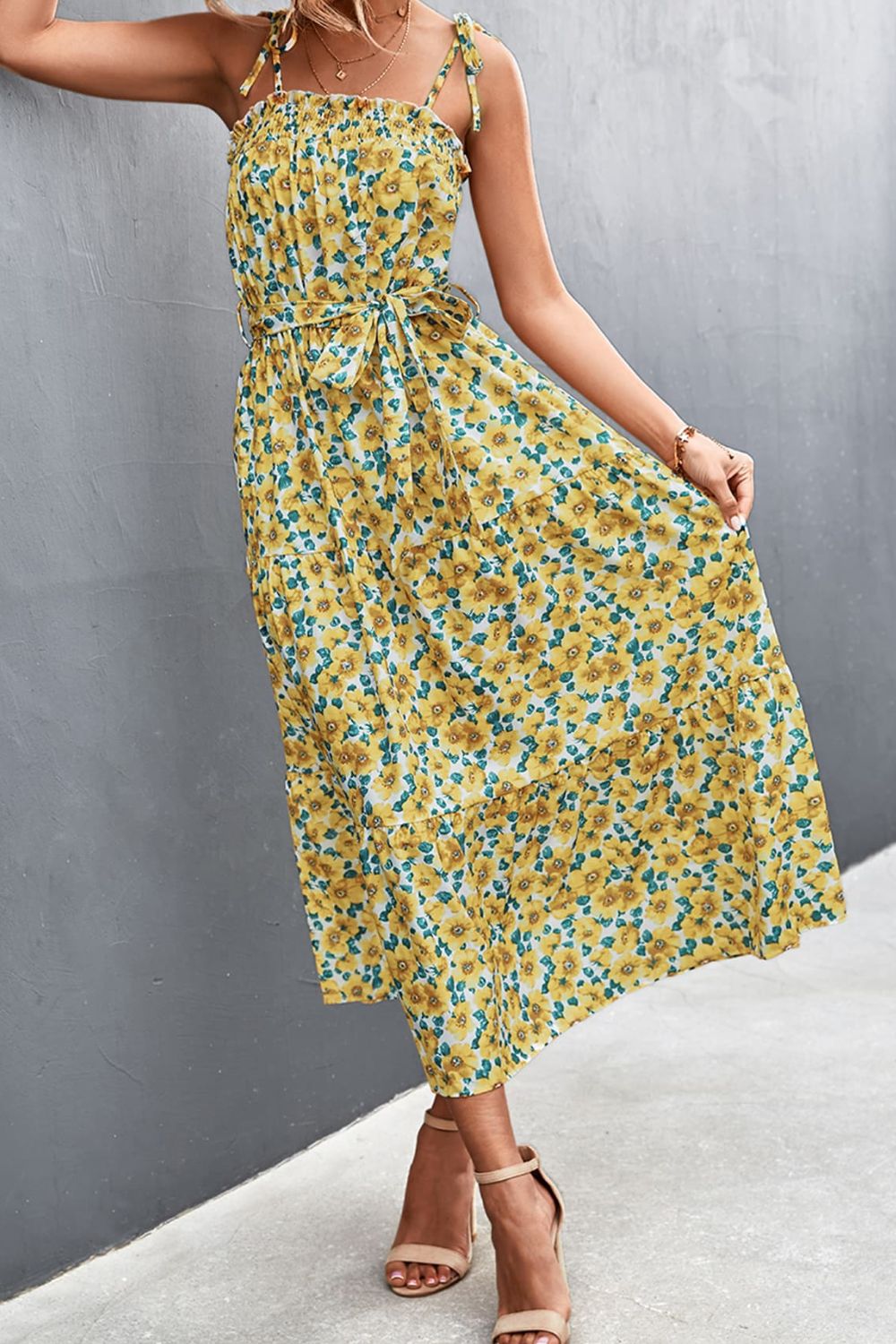 Yellow Floral Tie-Shoulder Dress