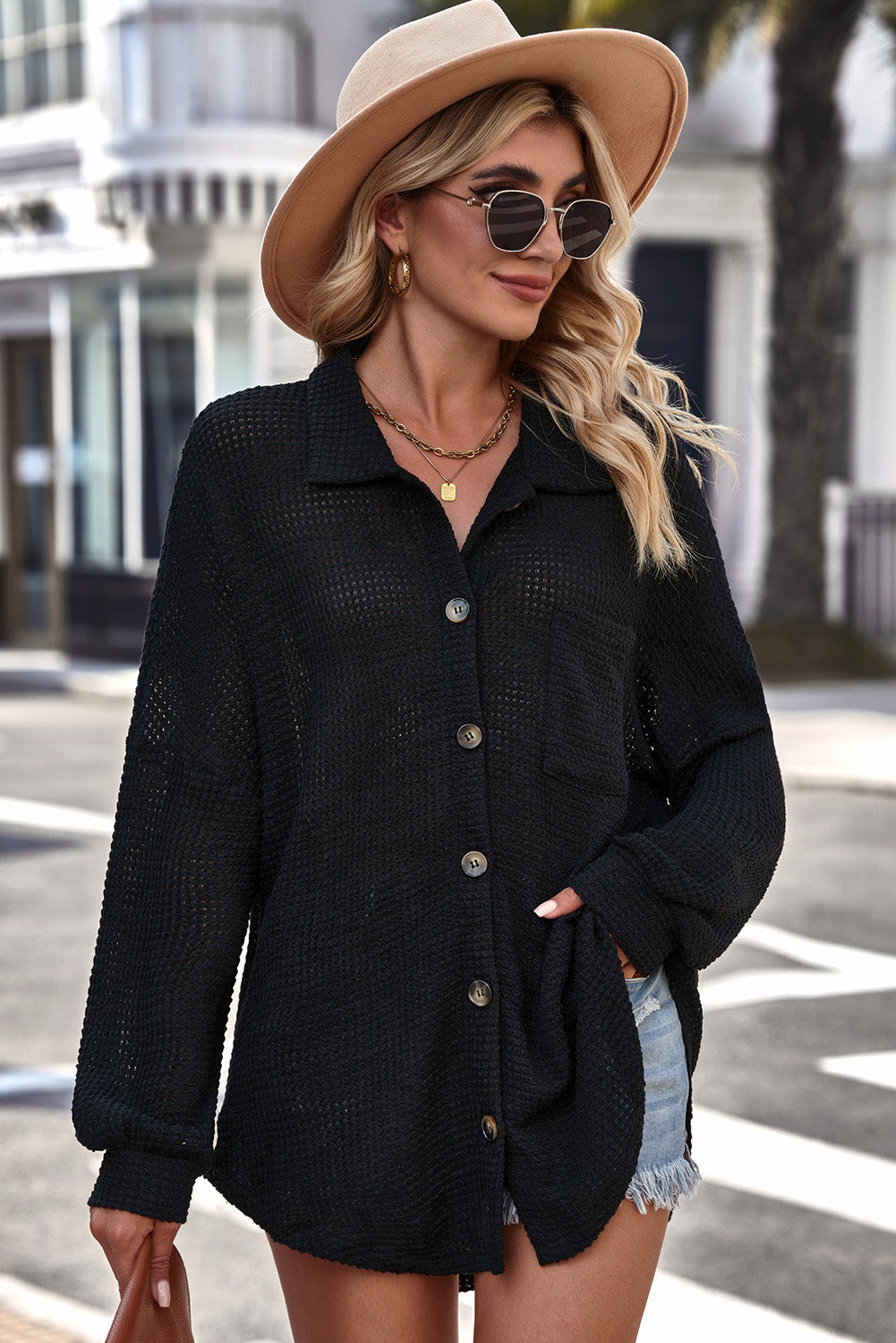 Waffle-Knit Button Down Top