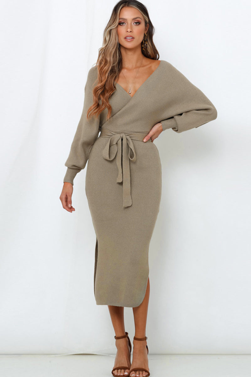 Off Shoulder Bow Waist Slit Sweater Dress