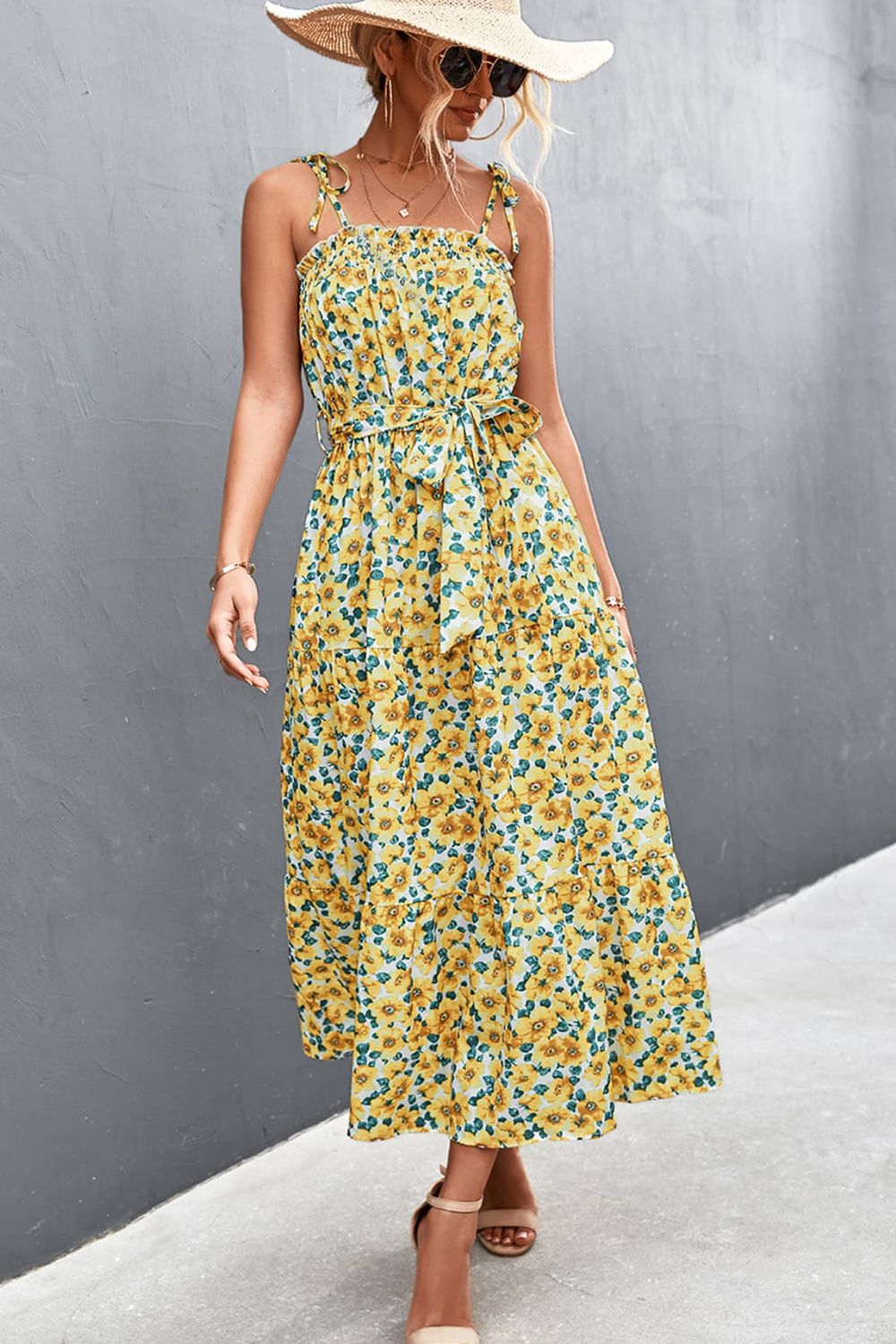 Yellow Floral Tie-Shoulder Dress