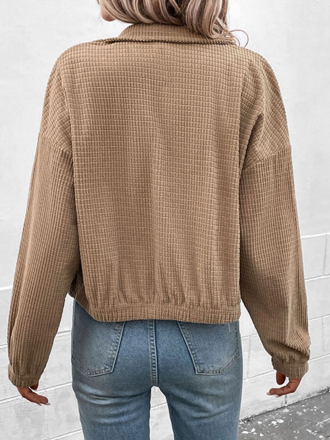 Brown Waffle Texture Zip Up Jacket